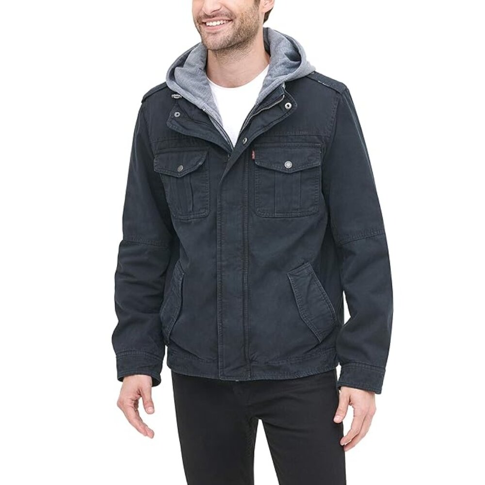 Levi's Men's‎ Black Four-Pocket Washed Cotton Hooded Military Jacket Size S